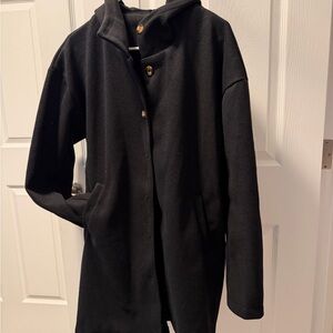 Black Hooded Wool Blend Coat – Long Winter Jacket – Button Front